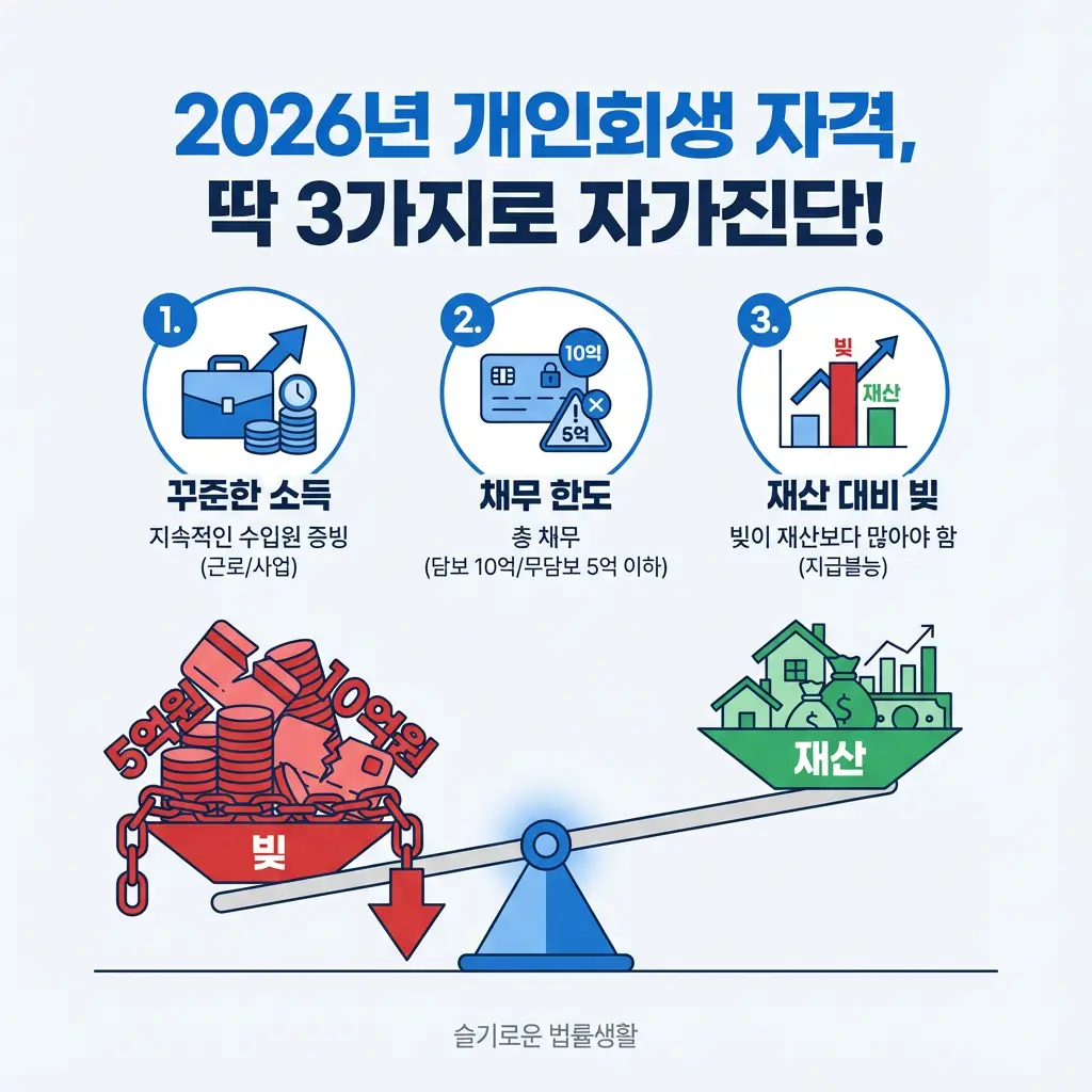 2026년 개인회생 자격 자가진단 3가지 꾸준한 소득 채무 한도 빚 재산 비교 신청 조건