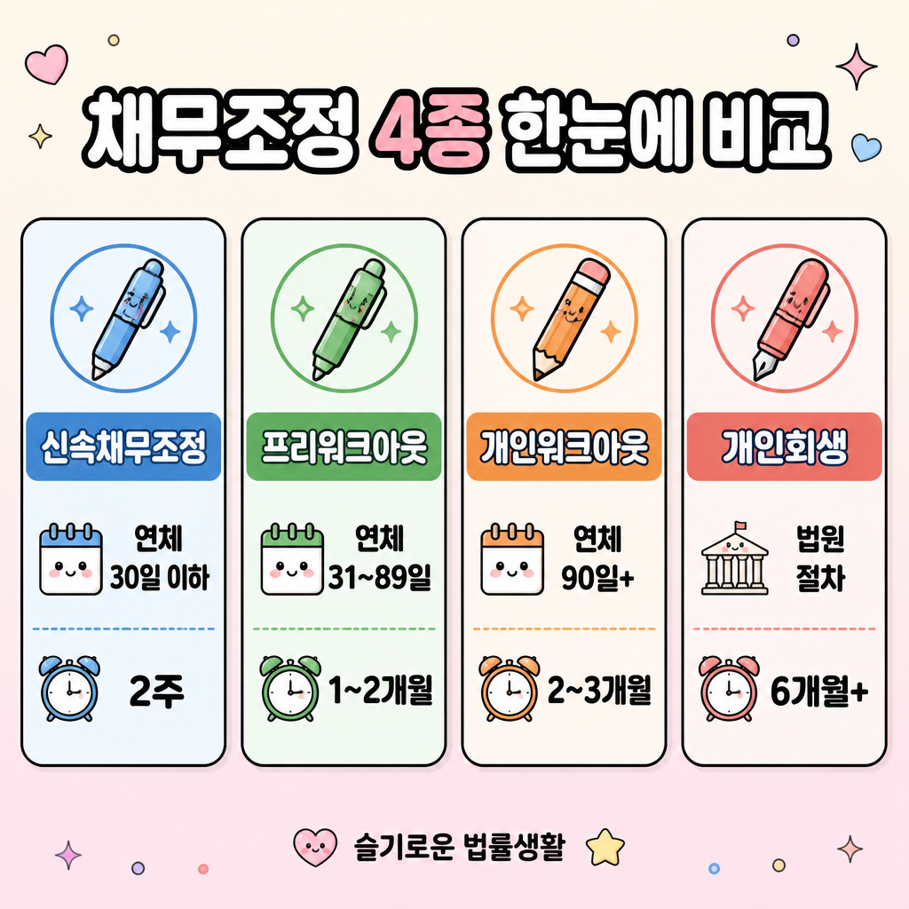 채무조정 4종(신속채무조정·프리워크아웃·개인워크아웃·개인회생) 한눈에 비교