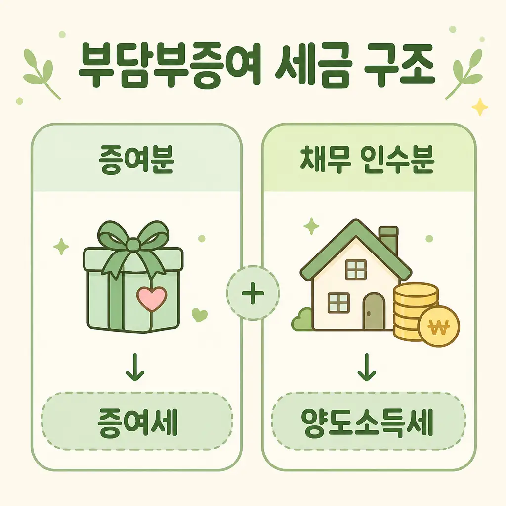 부담부증여 세금 구조 부담부증여 세금 구조 증여분 증여세 채무 인수분 양도소득세